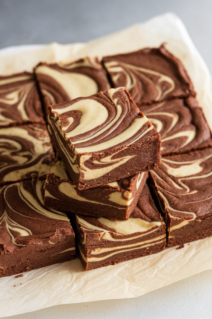 Indoor photo of brownie squares featuring visible tahini swirl patterns, stacked slightly off-center on parchment, no text or logos