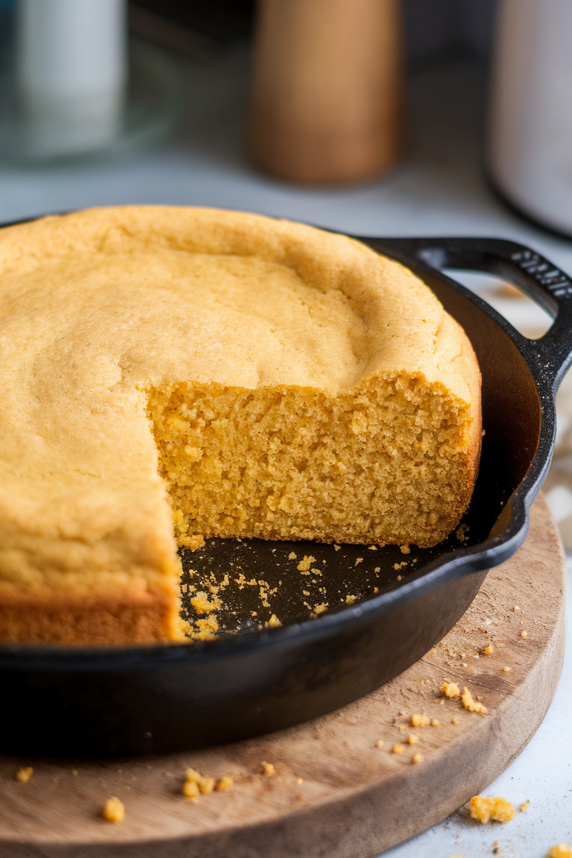 Indoor photo of a cast-iron skillet with a golden round of cornbread, wedge cut out to show crumb, no text or logos.