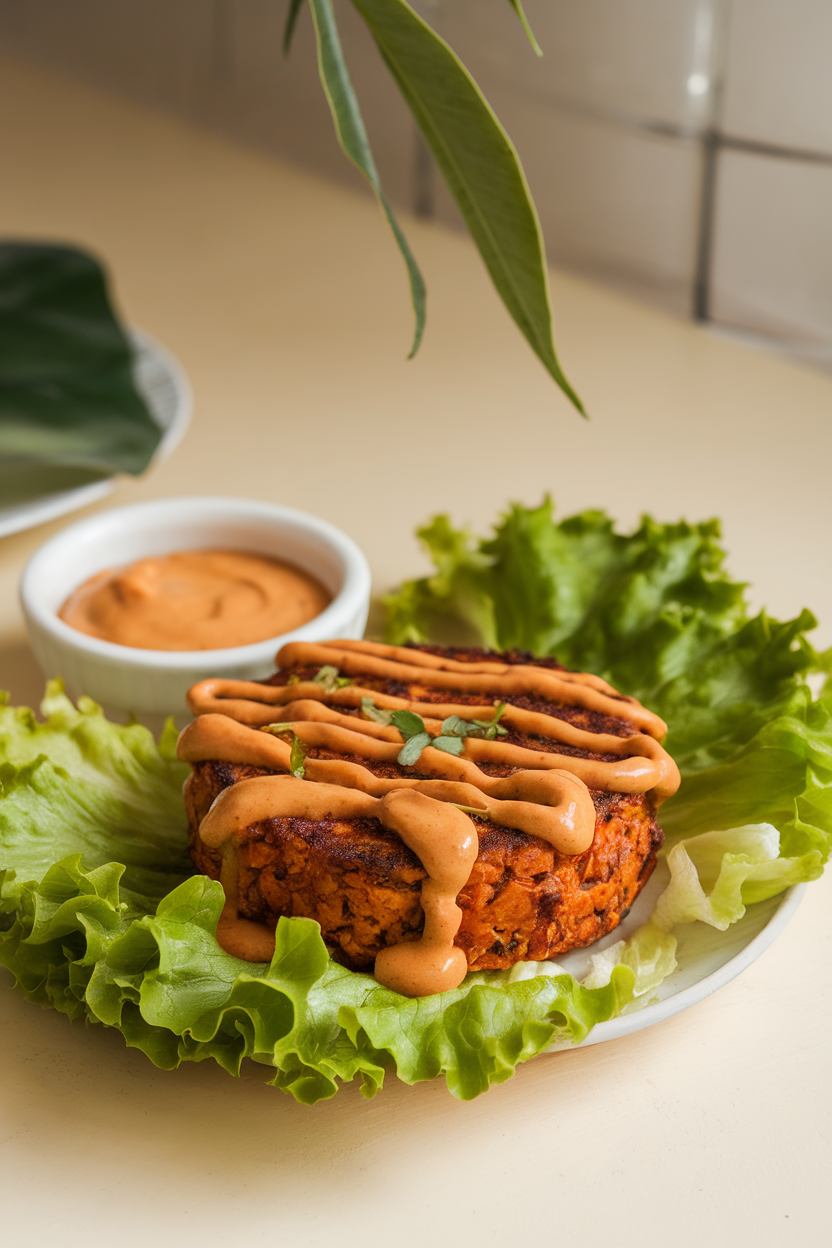 Photo of a tempeh burger drizzled with peanut sauce, served on lettuce leaves indoors; no text or logos; photo, not illustration