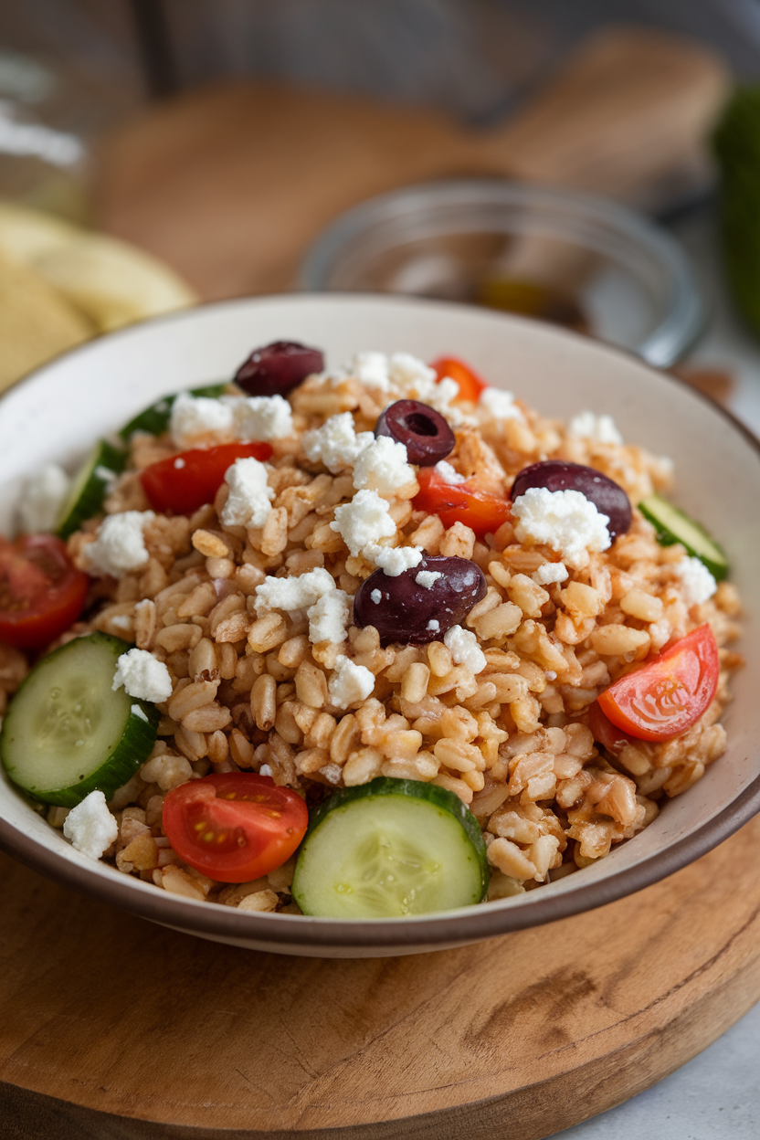 Indoor serving bowl with cooked farro tossed with cucumbers, cherry tomatoes, olives, and crumbled feta, drizzled with olive oil. No text or logos visible.