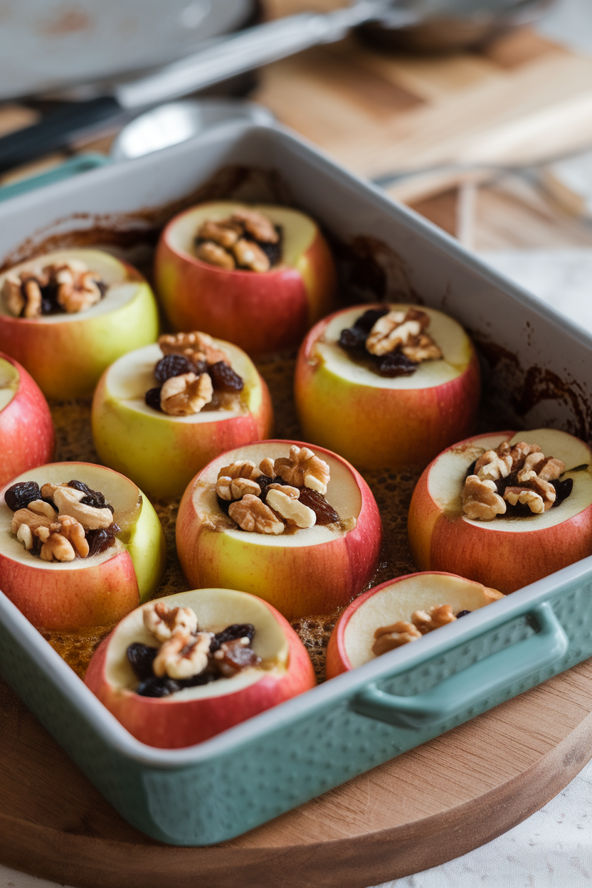 Indoor baking dish of cored apples stuffed with walnuts and raisins, juices bubbling, shot at three-quarter angle. No text or logos.