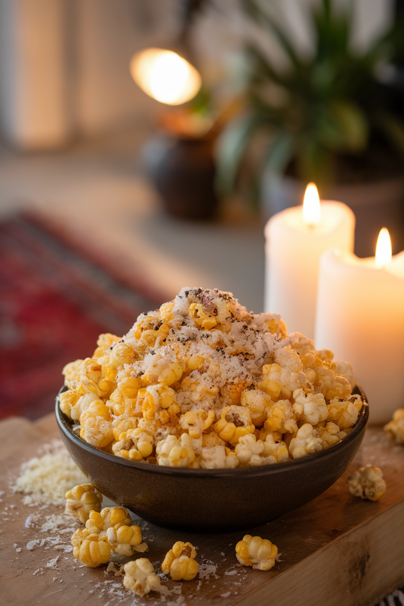 Indoor bowl of freshly popped corn tossed with grated Parmesan and a dusting of black truffle salt, photographed on a coffee table next to candles; no text or logos