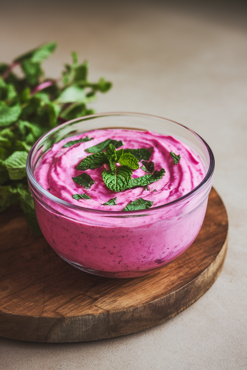 Indoor photo of vibrant pink beetroot yogurt raita in a glass bowl, topped with chopped mint. Neutral background, soft lighting, no text or logos.