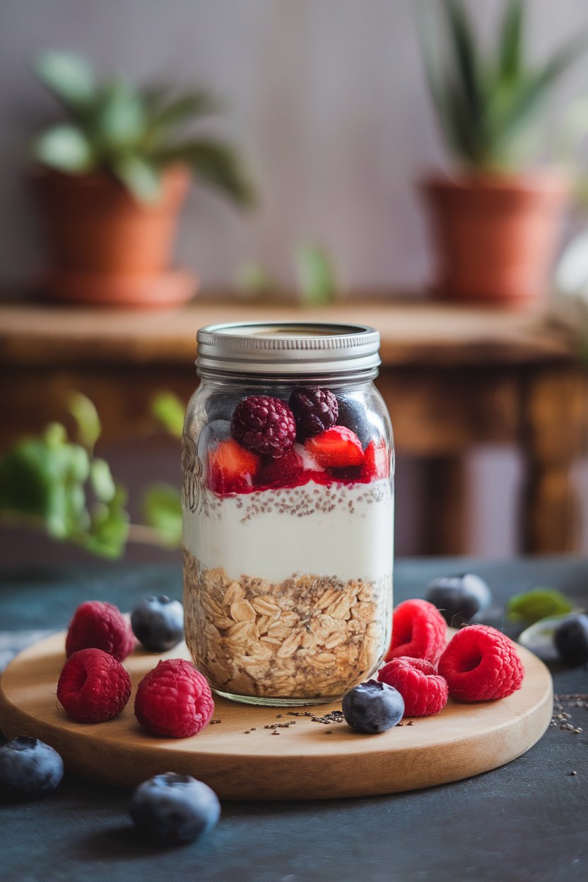 A small mason jar on an indoor table filled with layered oats, almond milk, mixed berries, and chia seeds; soft morning light, no text or logos.