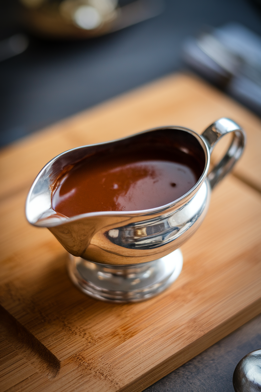 Indoor photo of a small gravy boat filled with deep mahogany gravy, light reflecting off the surface. No text or logos.