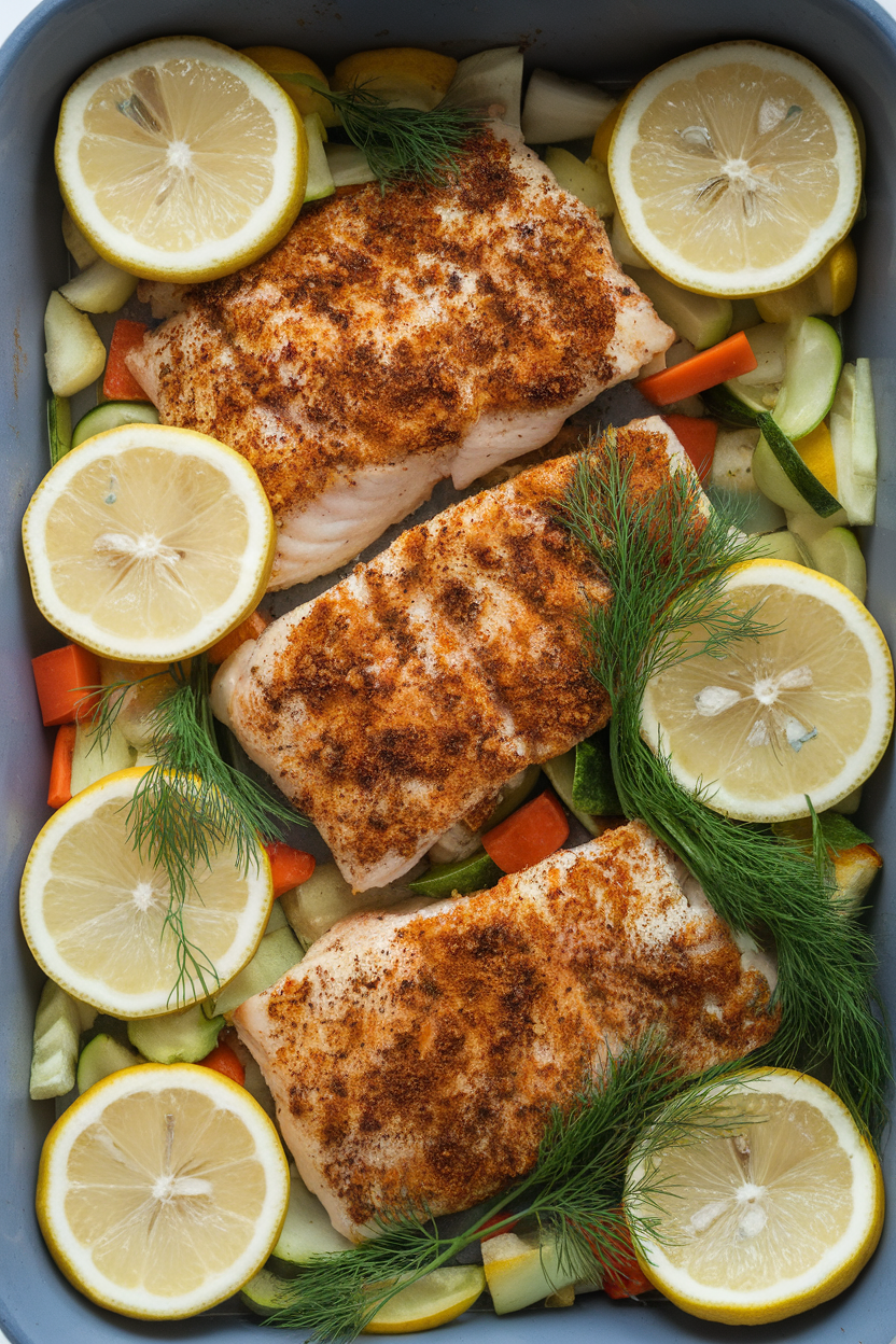 Photo prompt: An indoor baking dish with cooked spice-crusted fish fillets garnished with dill, lemon slices arranged around. No text or logos.