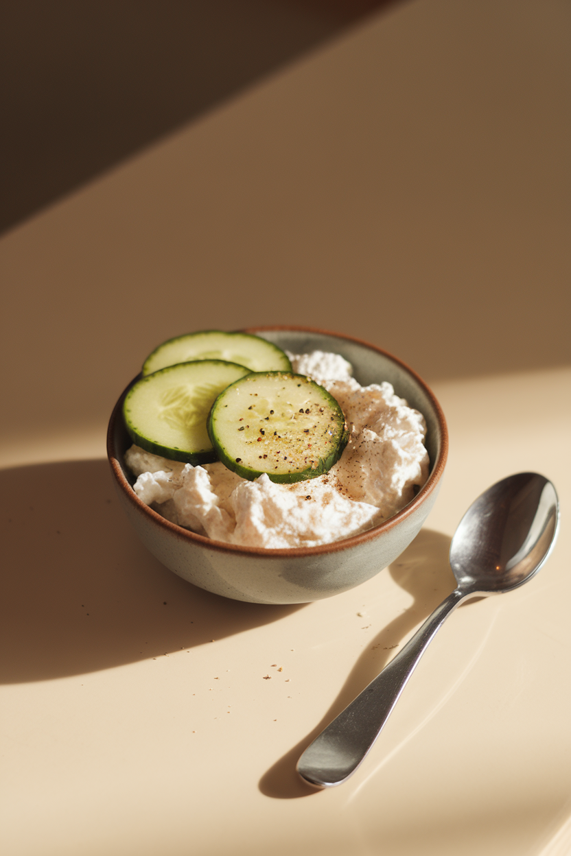 Indoor small bowl of cottage cheese topped with sliced cucumber and cracked pepper, spoon beside; warm light; no text or logos. Photo.
