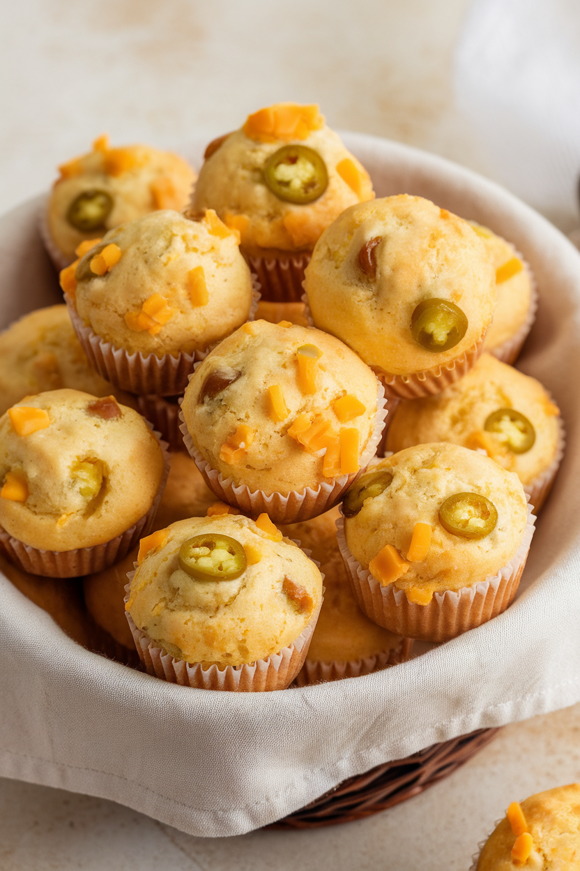 Indoor photo of mini muffin cornbreads studded with jalapeño and cheddar, displayed on a cloth-lined basket. No text or logos.