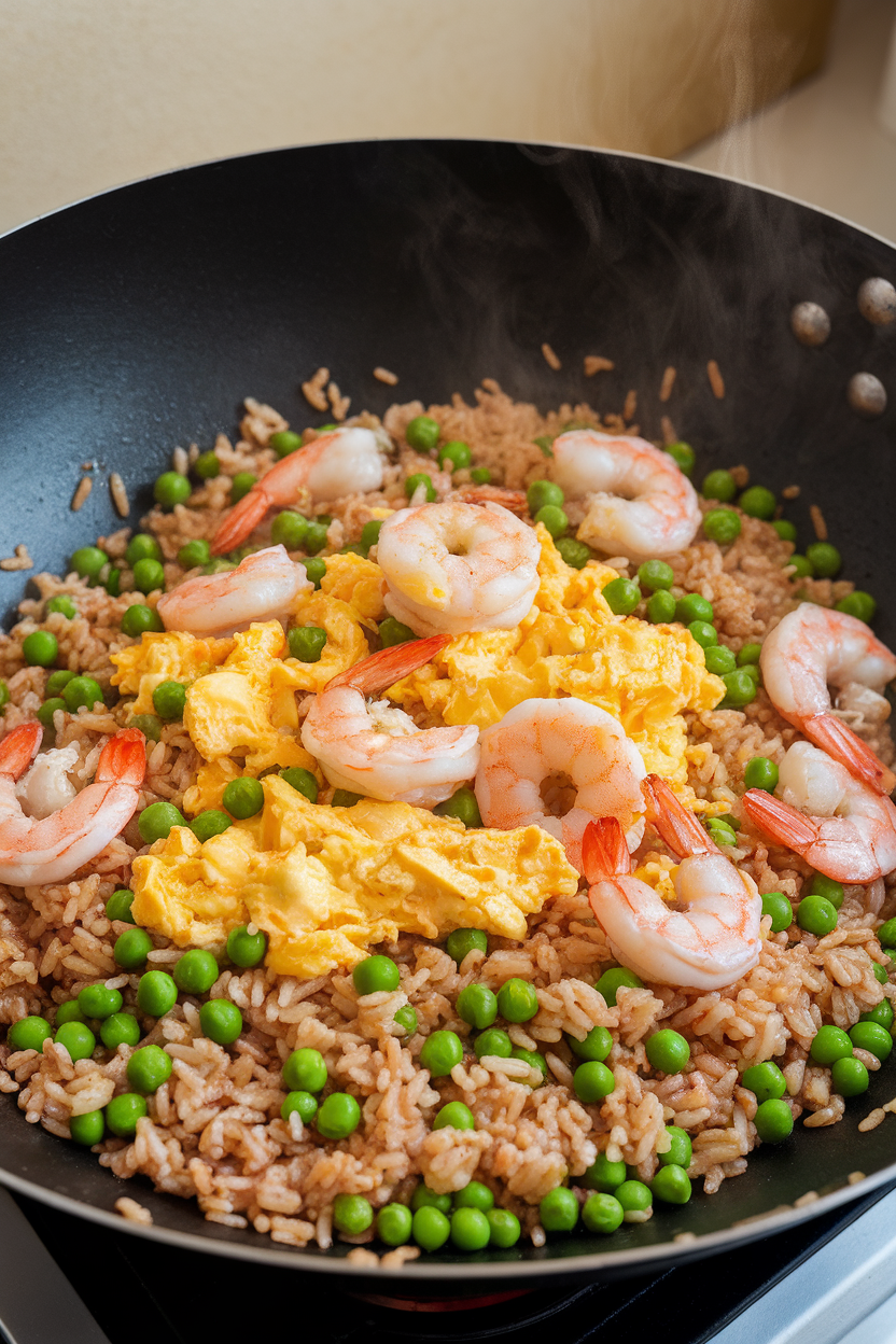 Indoor wok photo of brown rice stir-fried with peas, scrambled egg, and cooked shrimp; steam rising, no text or logos.