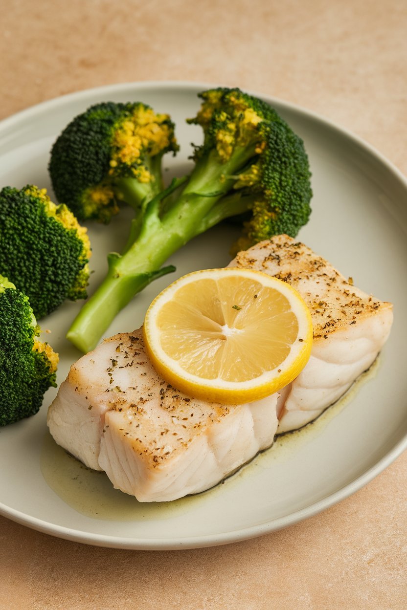 An indoor dinner plate holding a cooked cod fillet with a thin lemon slice on top, next to bright green steamed broccoli. No text or logos.