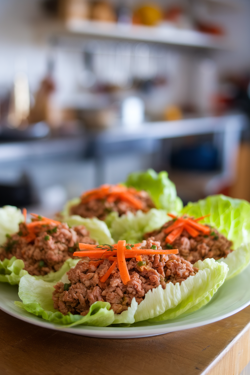 Indoor plate of crisp butter-lettuce leaves filled with ground turkey mixture and thin carrot strips. No text or logos. Photo, not illustration.