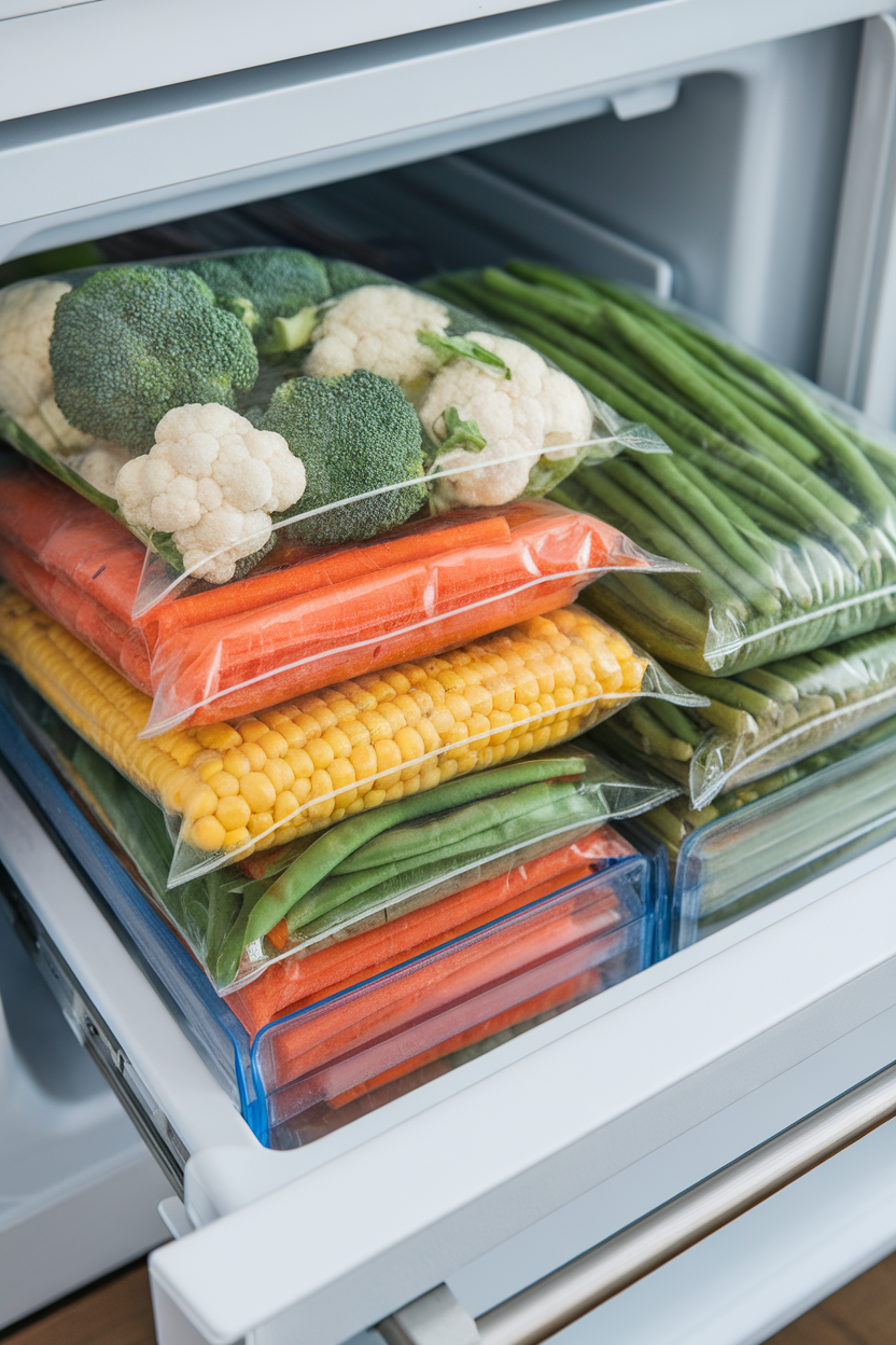 A freezer drawer open indoors, bags of colorful frozen vegetables neatly stacked; no text or logos; photo
