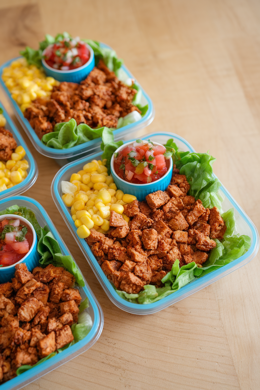 Indoor meal prep containers loaded with taco-seasoned tempeh crumbles, corn, lettuce, and salsa. No text or logos visible.