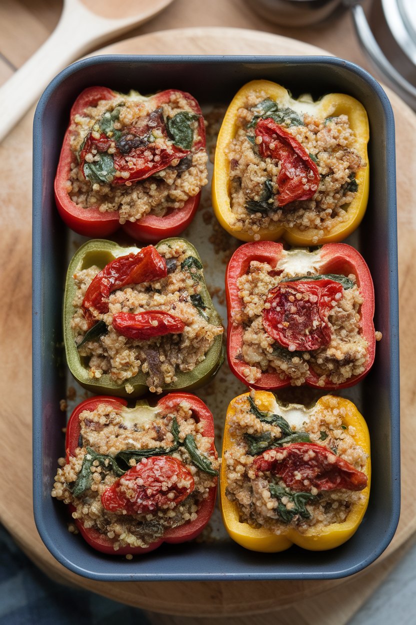 Indoor baking dish with halved bell peppers filled with quinoa, sun-dried tomatoes, and spinach; overhead view, no text or logos.