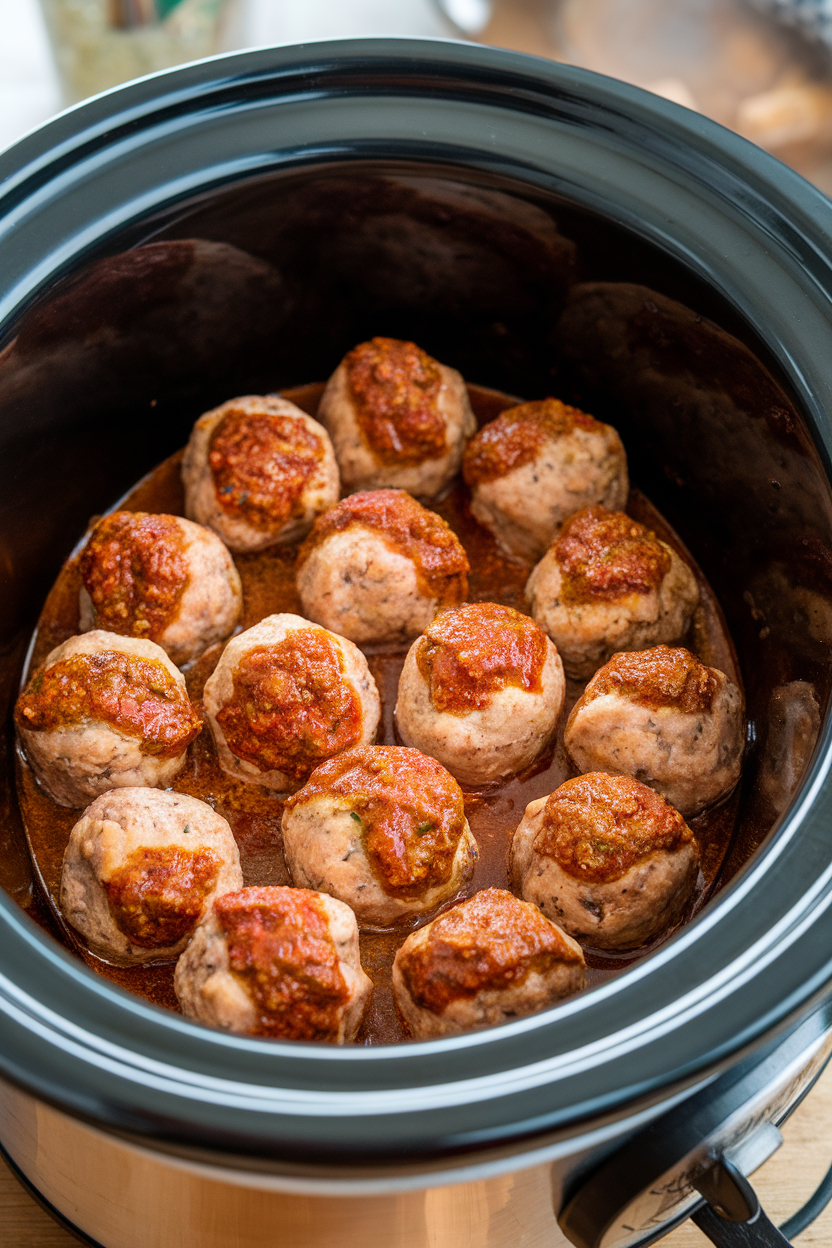Indoor photo of turkey meatballs coated in sun-dried tomato pesto inside a crockpot, no text or logos.