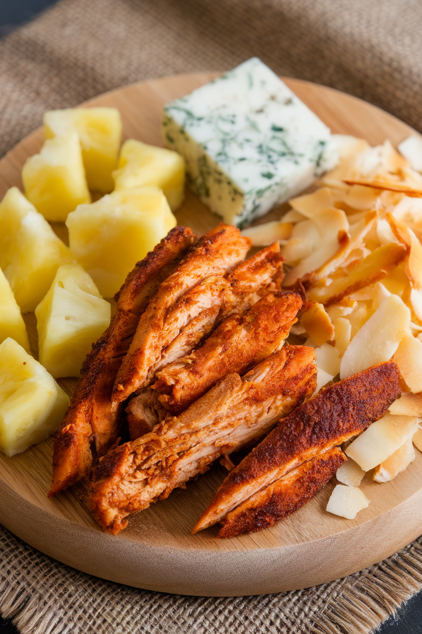 Indoor photo of a board with jerk chicken strips, pineapple chunks, coconut flakes, and pepper jack cheese; no text or logos