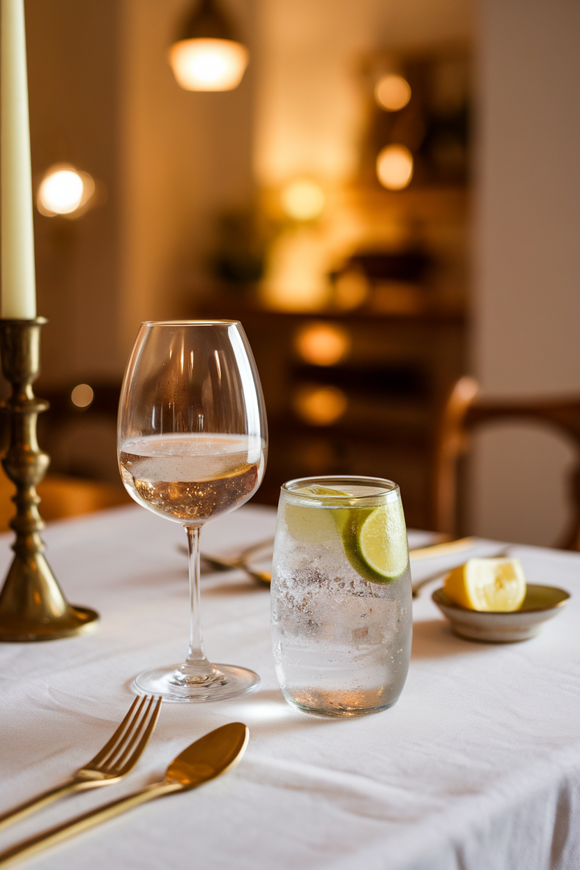A dining table with a half-filled wine glass set aside and a sparkling water with lime front-and-center, warm indoor lighting. No logos or text on glassware. Photo.