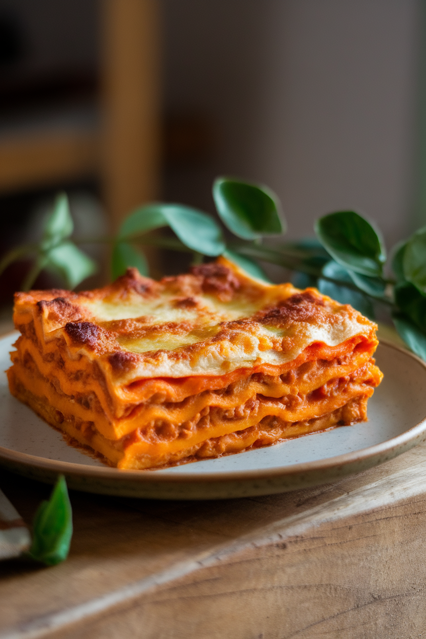 Indoor photo of a bubbling slice of butternut squash lasagna on a plate, edges browned, no text or logos.