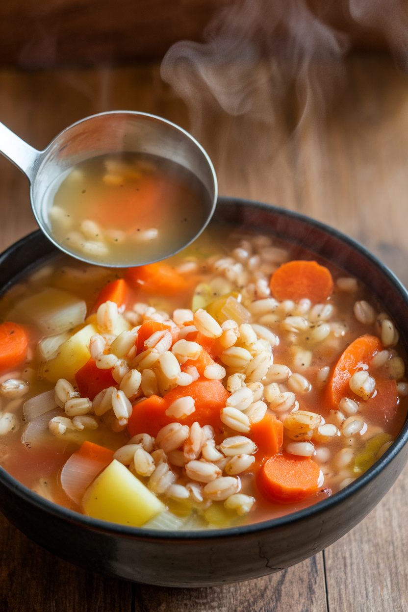 Indoor photo of chunky vegetable soup with barley grains visible, steam rising from a ladle, no text or logos.