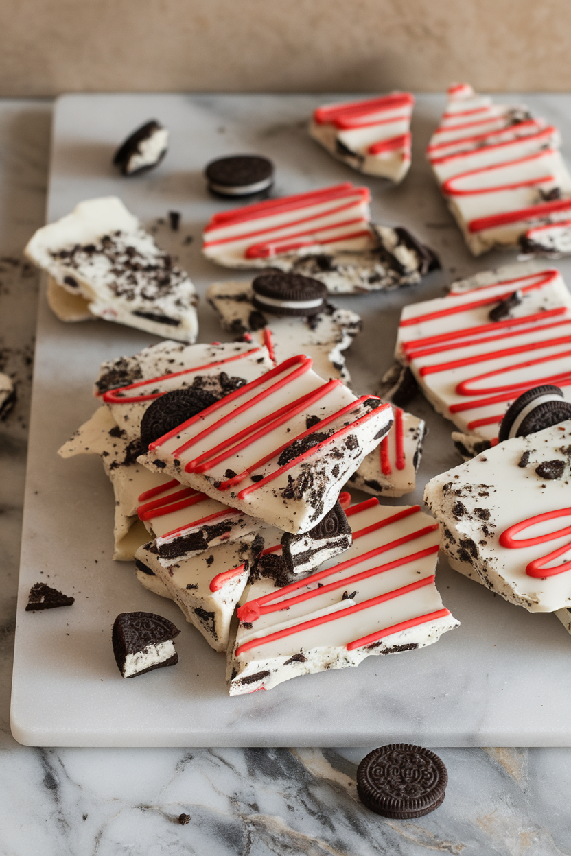 A marble slab indoors scattered with broken pieces of Oreo-studded white chocolate bark featuring red candy cane stripes. No text or logos, photo only.