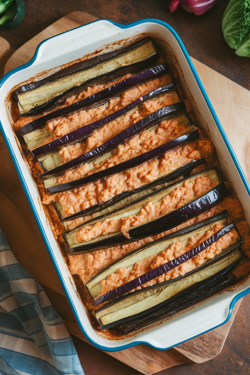 Indoor casserole dish with a square of vegan lasagna showing eggplant layers and creamy cashew filling; slight overhead angle, no text or logos.