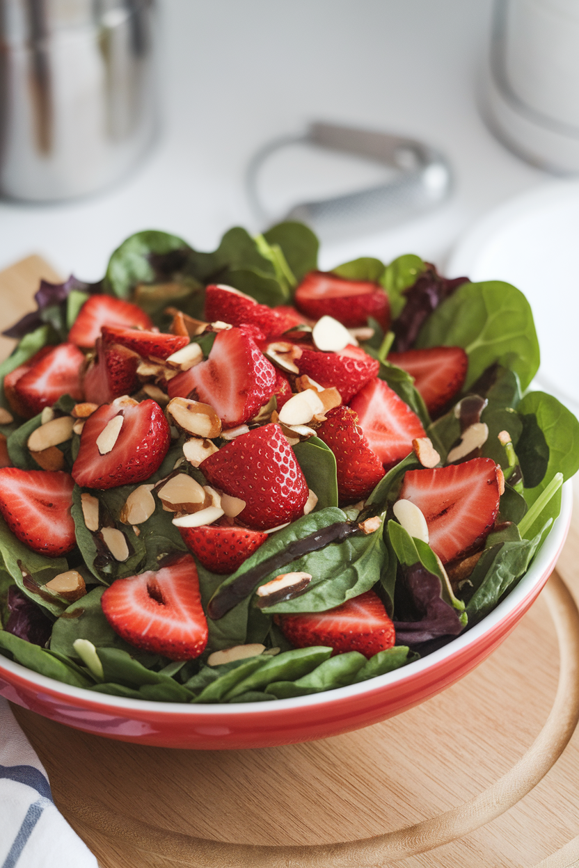 A colorful indoor salad bowl brimming with baby spinach, sliced strawberries, toasted almonds, and a light sheen of balsamic vinaigrette. No logos or text. Photo only.