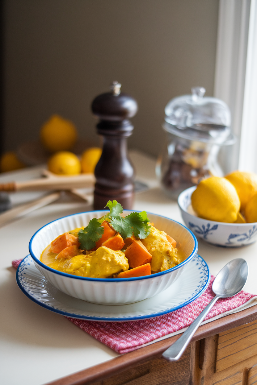 Indoor kitchen table with a bowl of yellow coconut curry chicken and sweet potatoes, garnished with cilantro. No text or logos.
