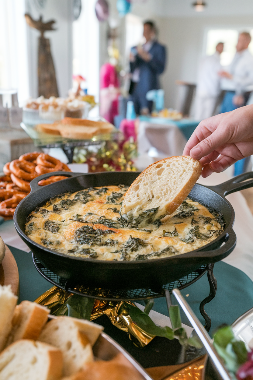 An indoor party table showing a cast-iron skillet of bubbly spinach-artichoke dip with a crusty bread slice dipping in. This should be a photo, not an illustration. No text or logos anywhere in the scene.