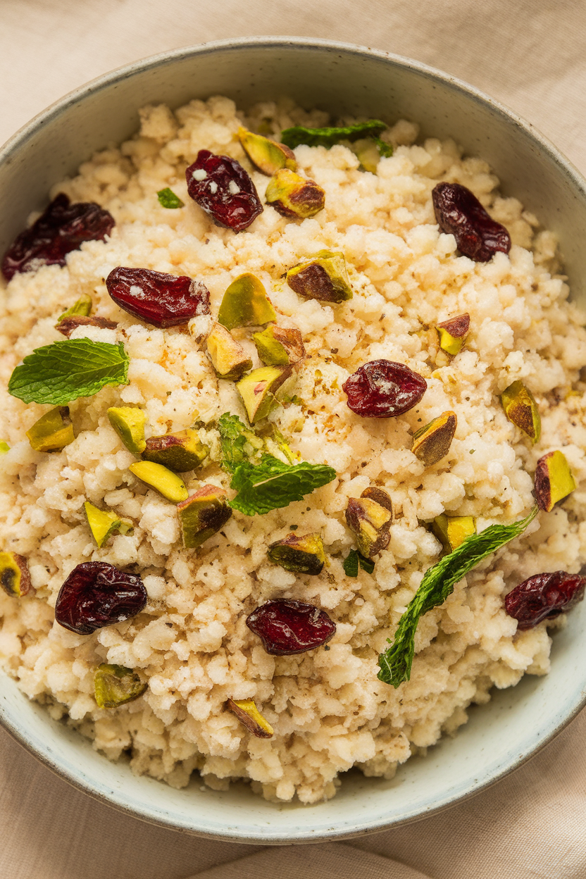 Indoor photo of a shallow bowl of fluffy couscous mixed with dried cranberries and chopped pistachios, mint leaves scattered throughout. No text or logos.