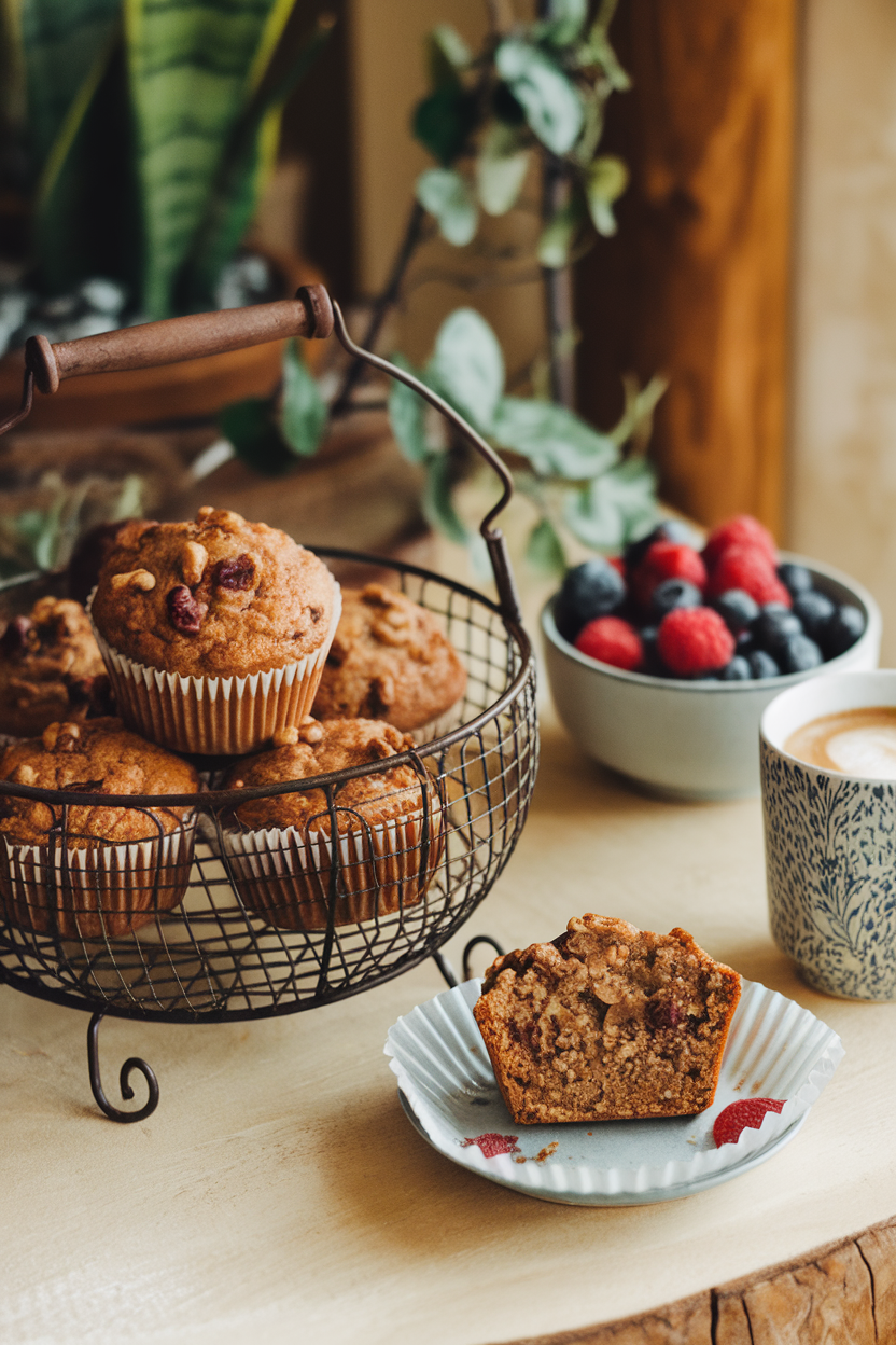 An indoor breakfast table with a wire basket of banana nut buckwheat muffins, one muffin split to show moist crumb. Photo, no text or logos.