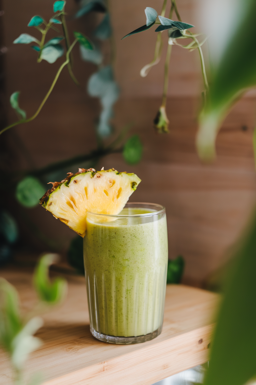 Indoor photo of a bright green smoothie in a clear glass with a slice of pineapple on the rim. No text or logos.
