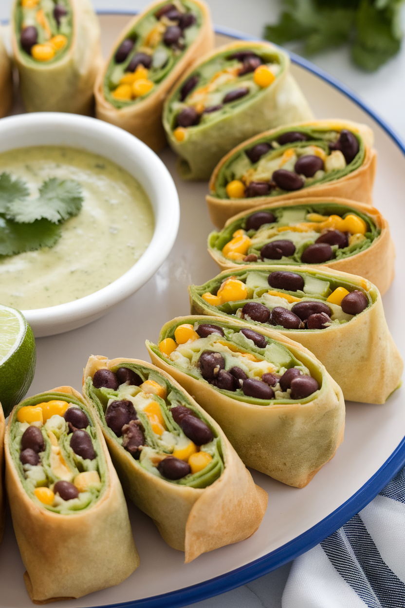 Photo of an indoor plate lined with halved baked egg rolls showing black beans, corn, and cheese inside, cilantro-lime dip alongside; no text or logos.
