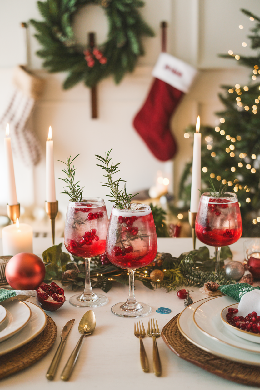 Indoor holiday table with stemmed glasses of sparkling pomegranate mocktail garnished with rosemary sprigs and fresh pomegranate arils. No text or logos. Photo, not illustration.