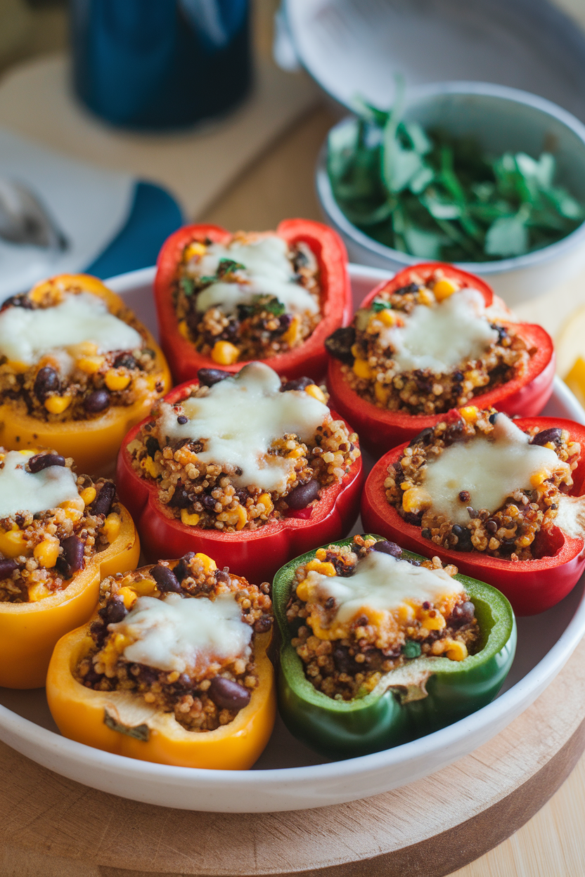 Indoor photo of halved bell peppers filled with colorful quinoa, black beans, and corn, topped with melted cheese; no text or logos.