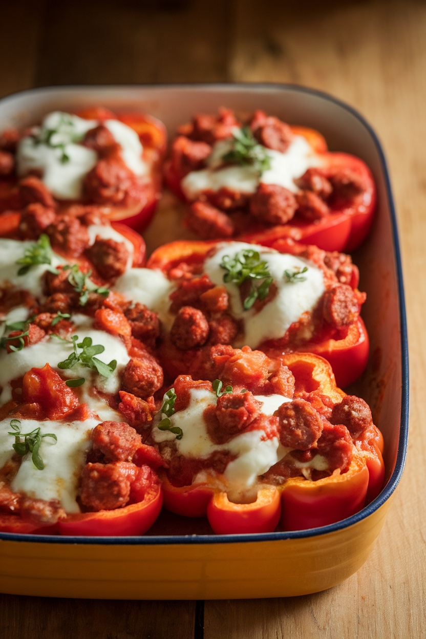 An indoor oven-to-table casserole dish holding halved bell peppers brimming with browned sausage, tomato, and melted mozzarella. Soft, warm lighting; no text or logos. Photo, not illustration.