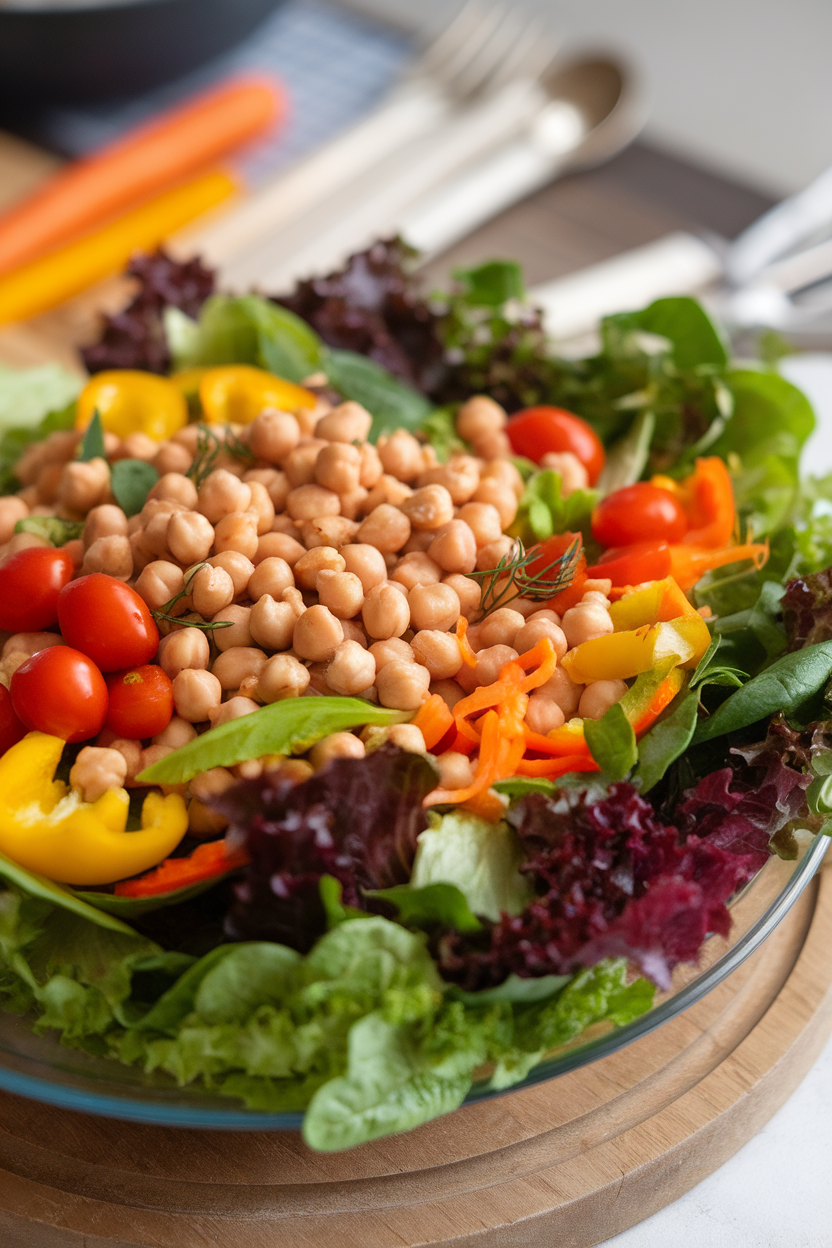 A vibrant indoor salad bowl overflowing with mixed greens, chickpeas, and colorful vegetables; no text or logos; photo