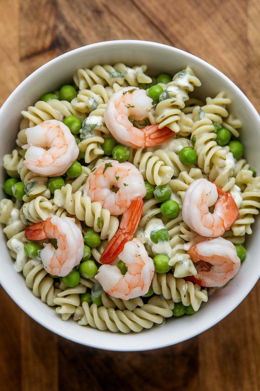 Indoor bowl photo of rotini pasta coated in green herb yogurt dressing with peas and cooked shrimp; gentle overhead light, no text or logos.