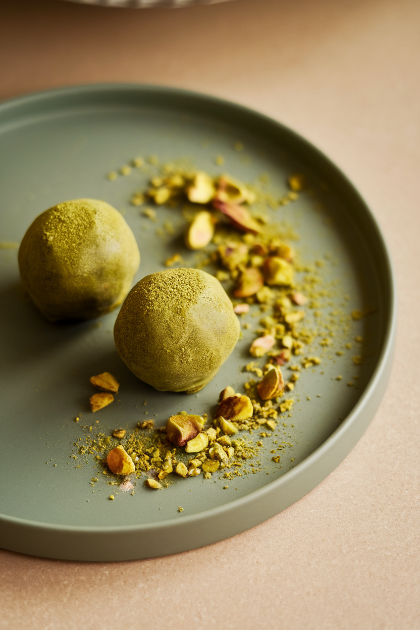A matte plate indoors with green matcha dusted truffles, crushed pistachios sprinkled around. Photo, no text or logos.