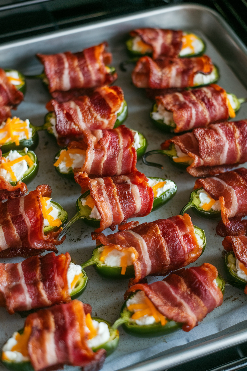 An indoor baking sheet of halved jalapeños stuffed with cream cheese and cheddar, wrapped in bacon, edges crisp. No text or logos present. Photo, not illustration.