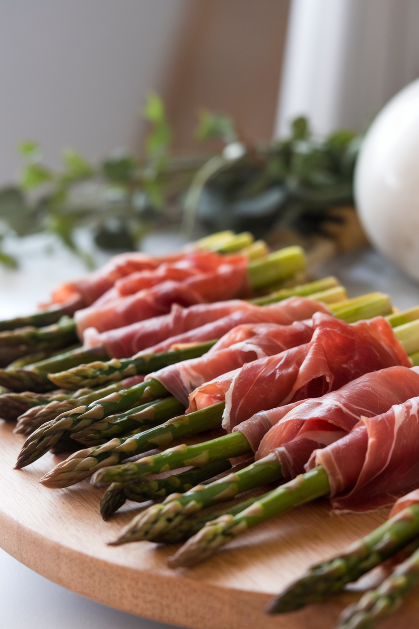 Photo of an indoor wooden board with slender asparagus spears wrapped in prosciutto, tips slightly charred, light bouncing off the cured meat; no text or logos.