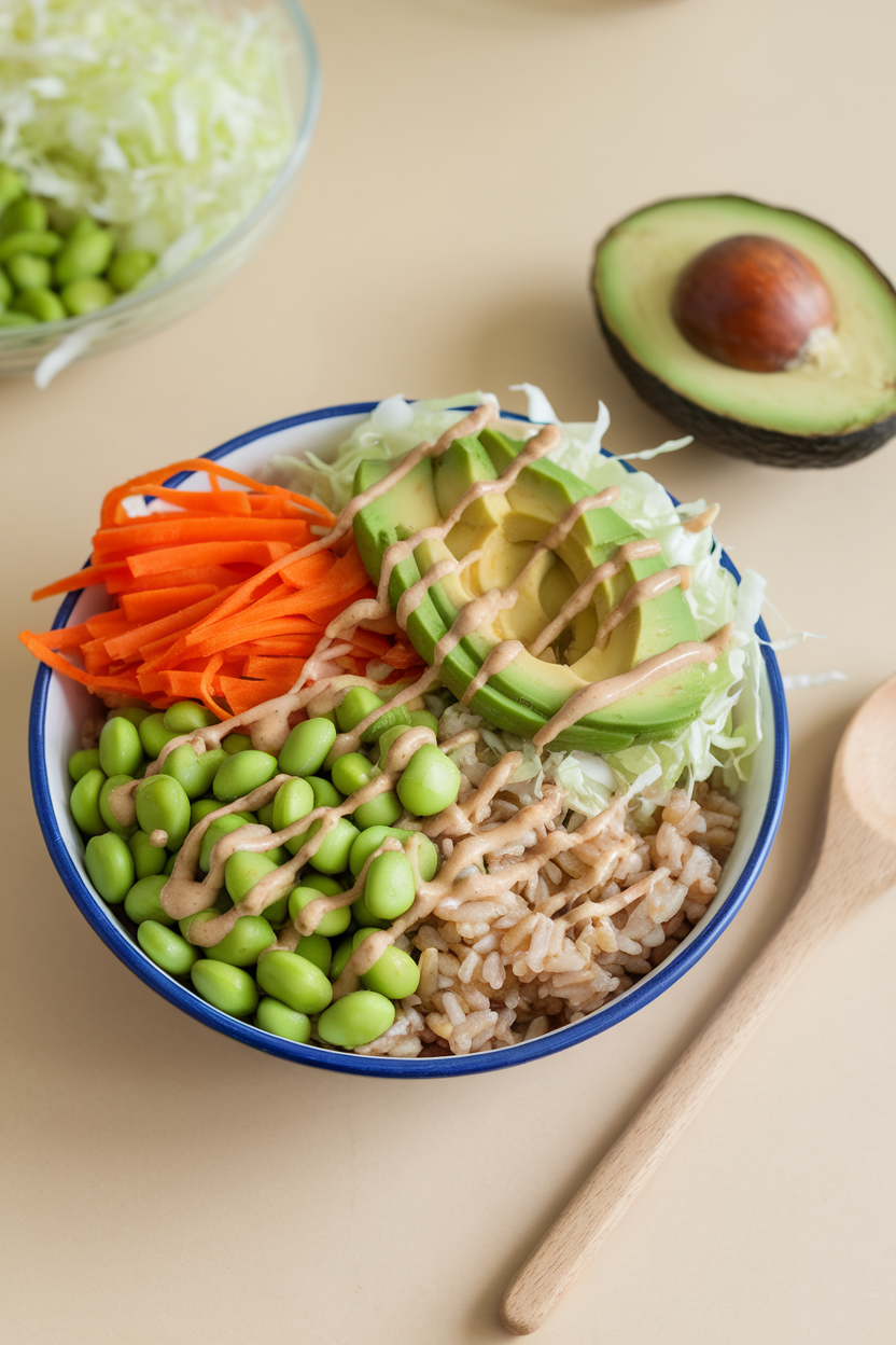 Indoor photo of a bowl featuring brown rice, shelled edamame, shredded cabbage, carrot ribbons, and avocado slices drizzled with sesame dressing. No text or logos.