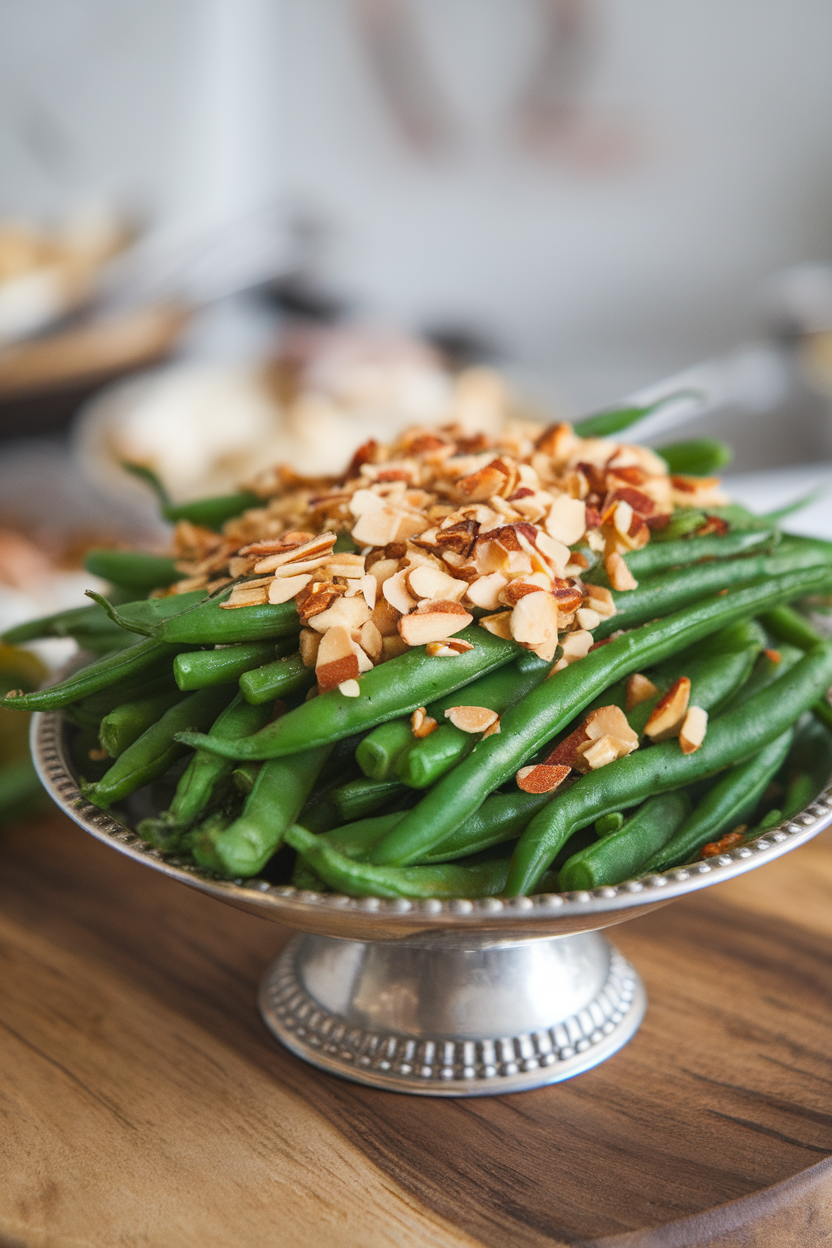 An indoor serving dish of bright green beans topped with toasted almond slivers, photo, no text or logos.