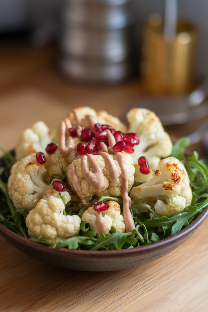 Photo of an indoor countertop showing a bowl filled with roasted cauliflower florets over arugula, drizzled with tahini sauce and topped with pomegranate seeds. No text or logos visible.