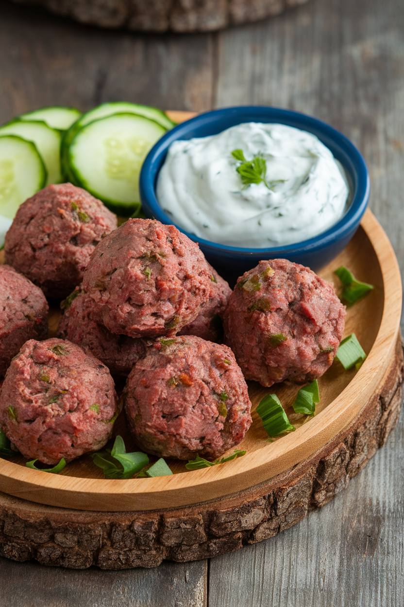 Indoor platter of baked beef meatballs alongside a small bowl of tzatziki, cucumber slices nearby—no text or logos.