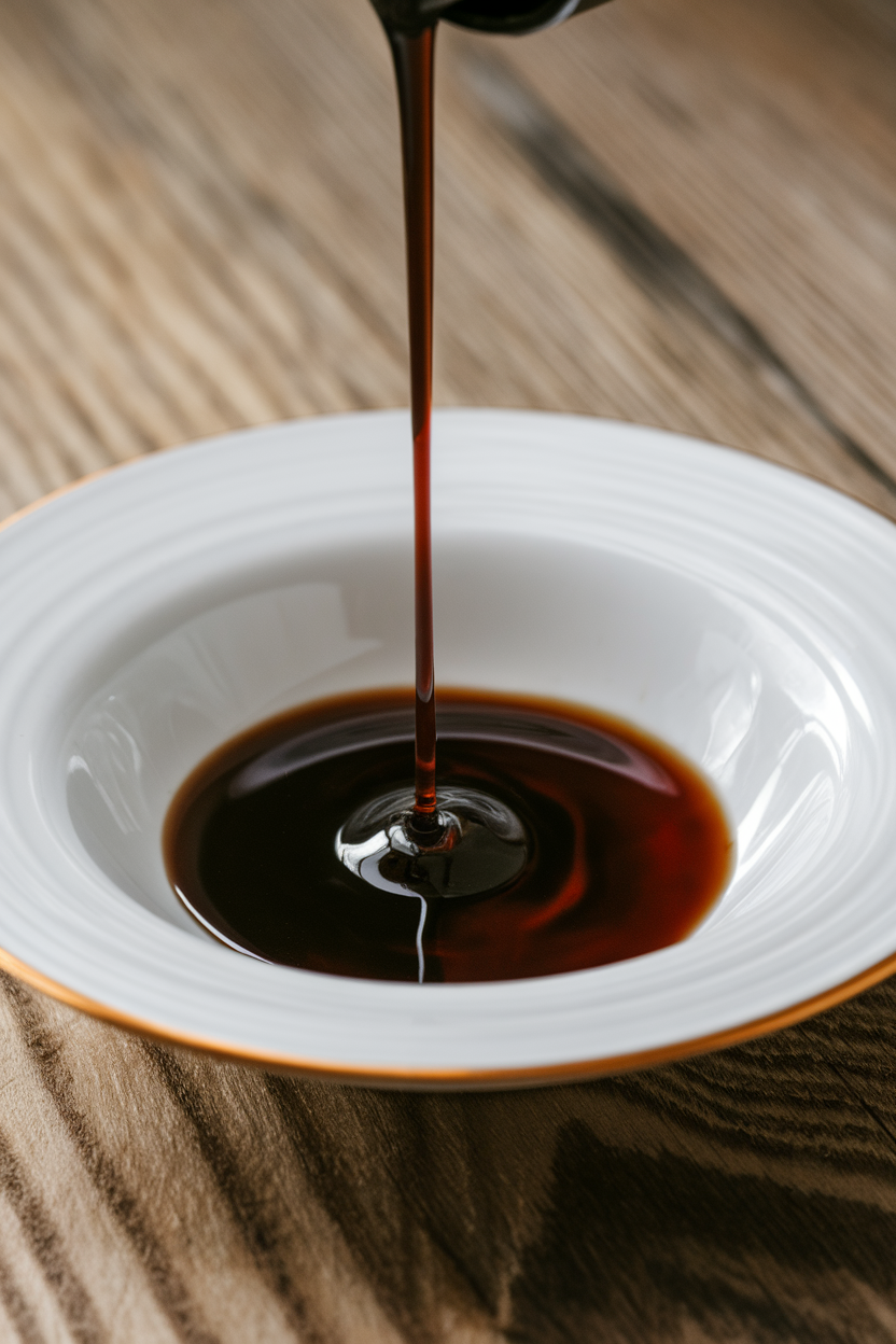 An indoor drizzle shot of thick balsamic vinegar swirling into a white saucer, glossy and dark, no text or logos, photo.