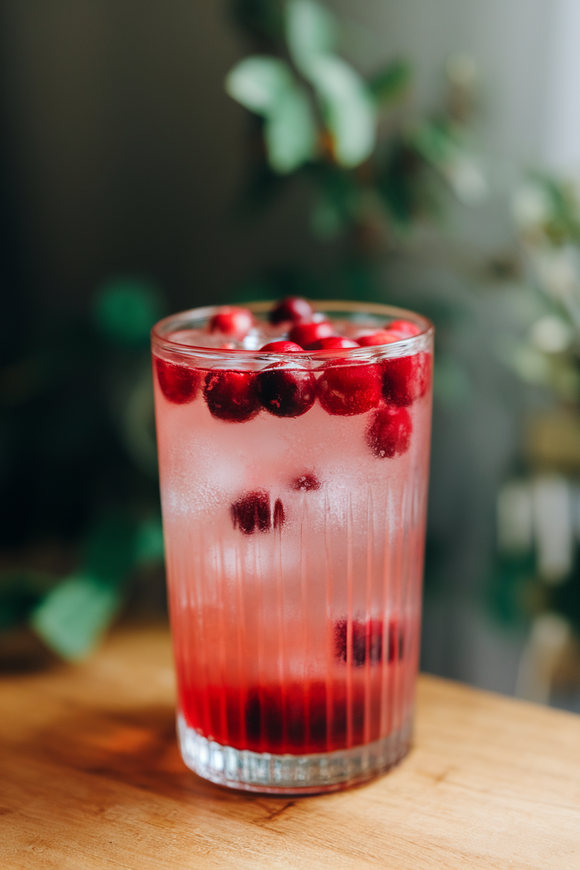 Indoor shot of tall glass with pink cranberry ginger mocktail over ice, fresh cranberries floating, no text or logos.