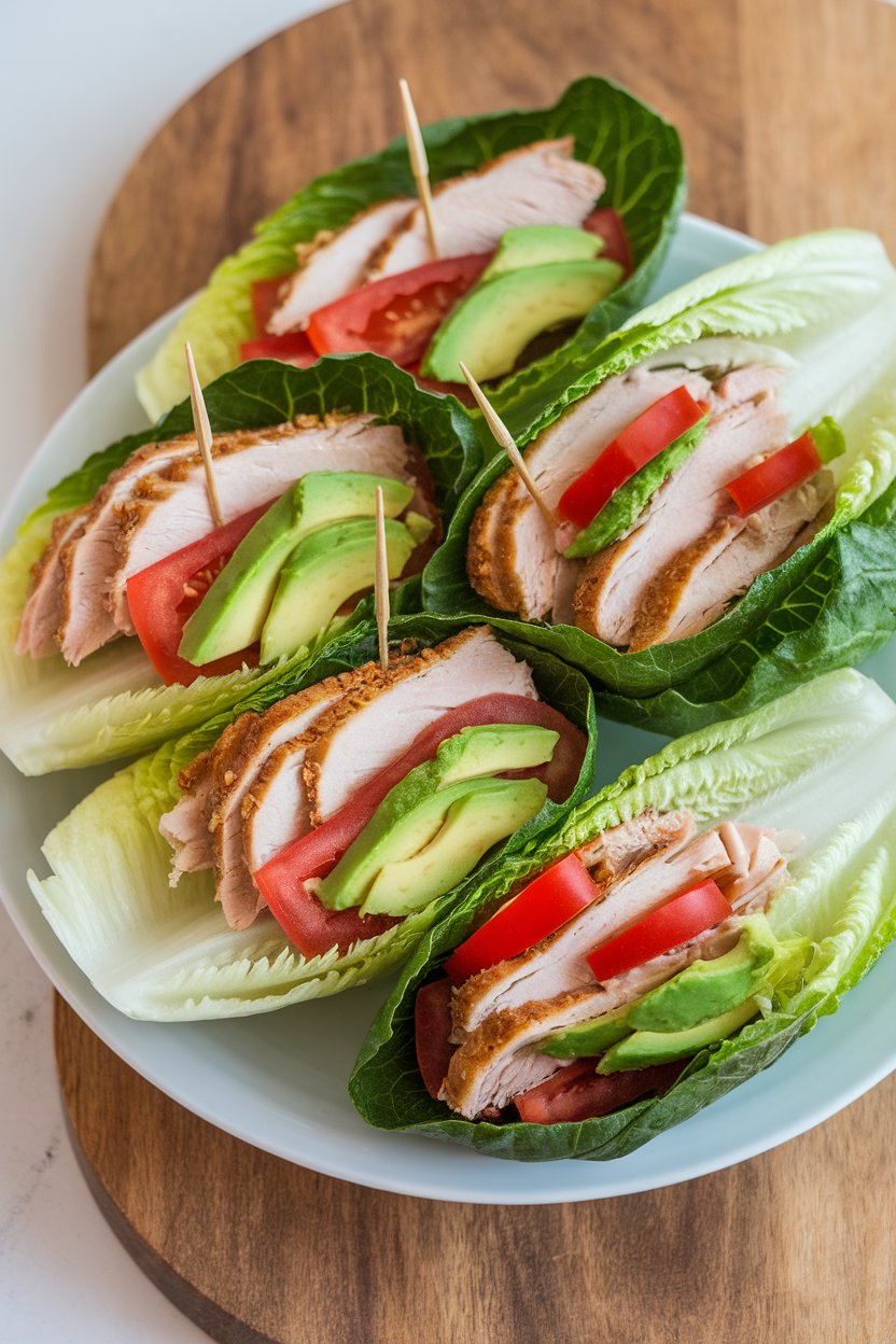 Indoor countertop scene with crisp romaine leaves filled with sliced roast turkey, avocado strips, and tomato, toothpicks holding wraps together. No text or logos. Photo.
