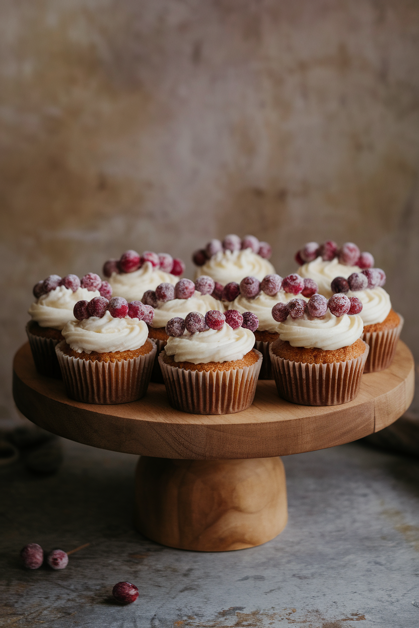 Photo of indoor serving board with cupcakes topped by white frosting and sugared cranberry chains draped across, no text or logos.