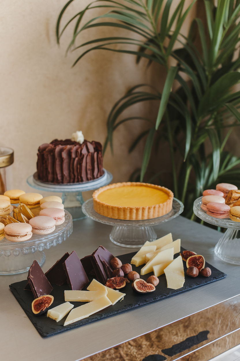 Indoor dessert table with a slate board holding dark chocolate shards, aged Parmigiano, dried figs, and hazelnuts; no text or logos.