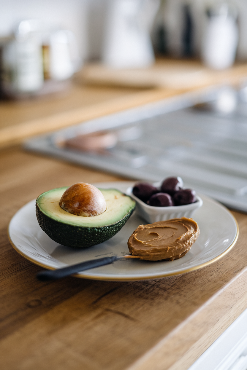 An indoor breakfast counter with half an avocado, a spoonful of almond butter, and a small dish of olives. No logos or text. Photo.